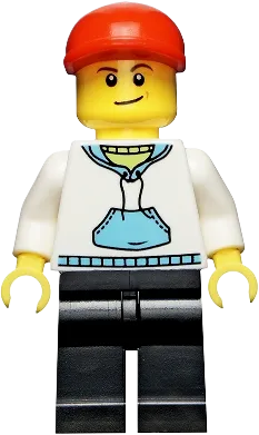 White Hoodie - Blue Pockets, Black Legs, Red Short Bill Cap, Crooked Smile minifigure