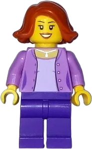 Mom - Medium Lavender Jacket over Lavender Shirt, Dark Purple Legs, Dark Orange Female Hair Short Swept Sideways minifigure