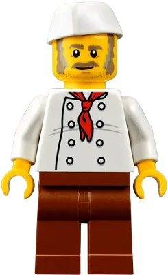 Chef - Moustache, Dark Tan and Gray Sideburns, Stubble, Wrinkles on Shirt minifigure