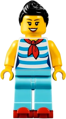Downtown Diner Waitress - Female, Dark Azure and White Striped Shirt with Red Scarf, Medium Azure Legs, Black Ponytail, Red Roller Skates minifigure