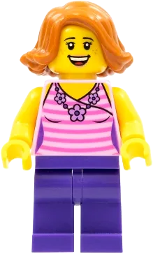 Woman - Striped Pink Shirt with Flower Necklace, Dark Purple Legs, Dark Orange Female Hair Short Swept Sideways minifigure