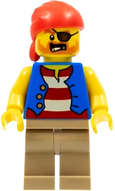 Pirate Man - Striped Red and White Shirt Under Blue Vest, Red Bandana, Left Eye Patch and 3 Gold Teeth, Dark Tan Legs minifigure