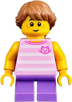Child - Girl, Bright Pink Striped Shirt with Cat Head, Medium Lavender Short Legs, Medium Nougat Braided Hair minifigure