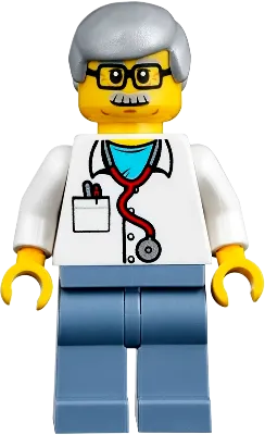 Veterinarian Dr. Jones - Light Bluish Gray Hair, Glasses, Red Stethoscope and Sand Blue Legs minifigure