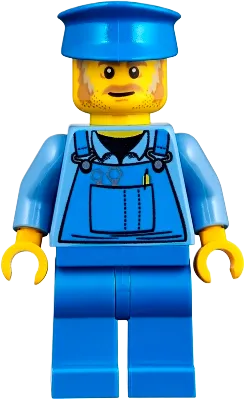Mechanic - Male, Blue Overalls over Medium Blue Shirt, Blue Legs, Blue Police Hat, Dark Tan Moustache and Sideburns, No Back Print minifigure