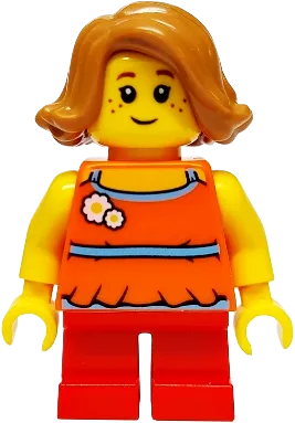 Child - Girl, Orange Halter Top with Flowers and High Back, Red Short Legs, Medium Nougat Hair, Freckles minifigure