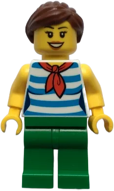 Fairground Carousel Rider - Female, Dark Azure and White Striped Shirt with Red Scarf, Green Legs, Reddish Brown Ponytail minifigure