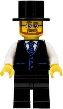 Haunted House Butler - Male, Black Vest with Blue Striped Tie, Black Legs, Black Top Hat, Glasses and Beard minifigure