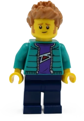 Male - Purple Shirt, Dark Turquoise Jacket, Dark Blue Legs and Medium Nougat Hair minifigure