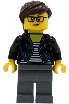 Female - Striped Black and White Shirt, Black Jacket, Dark Bluish Gray Legs, Dark Brown Hair minifigure