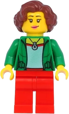 Female - Green Jacket, Red Legs, Reddish Brown Hair minifigure