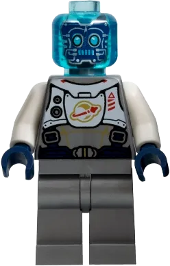 Cyber Drone Robot - Flat Silver Spacesuit with Harness and White Panel with Classic Space Logo, Trans-Light Blue Head minifigure