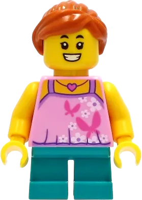 Tourist - Girl, Bright Pink Top with Butterflies and Flowers, Dark Turquoise Short Legs, Dark Orange Hair minifigure