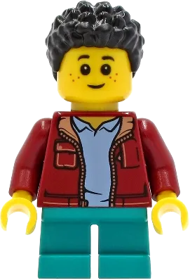 Child - Boy, Dark Red Jacket, Dark Turquoise Short Legs, Black Short Coiled Hair, Freckles minifigure