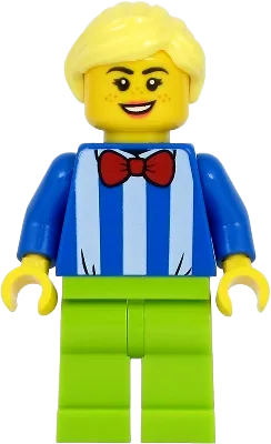 Fairground Worker - Female, White Stripes and Red Bow Tie, Lime Legs, Bright Light Yellow Hair minifigure