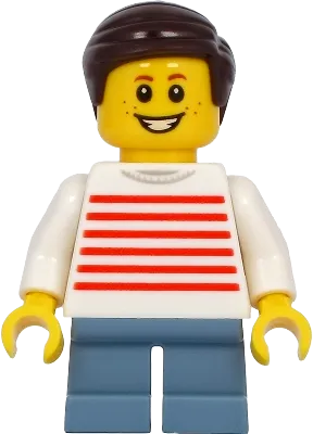 Child - Boy, White Sweater with Red Horizontal Stripes, Sand Blue Short Legs, Dark Brown Hair, Freckles minifigure