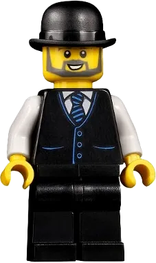 Accountant - Male, Black Vest with Blue Striped Tie, Black Legs, Black Bowler Hat, Beard minifigure