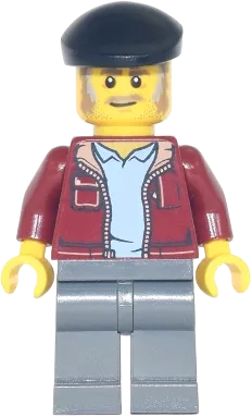Man - Dark Red Jacket with Bright Light Blue Shirt, Dark Bluish Gray Legs, Black Beret, Moustache and Sideburns (Vintage Taxi Driver) minifigure