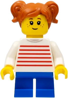 Child - Girl, White Sweater with Red Horizontal Stripes, Blue Short Legs, Dark Orange Hair with Pigtails, Freckles minifigure