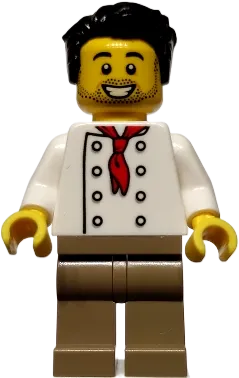 Chef - White Torso with 8 Buttons, No Wrinkles Front or Back, Dark Tan Legs, Black Hair minifigure