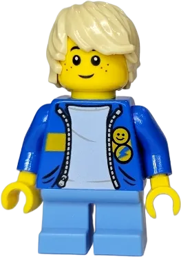 Child - Boy, Blue Jacket with Yellow Stripe, Medium Blue Short Legs, Tan Tousled Hair, Freckles minifigure