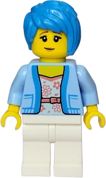 Woman - Bright Light Blue Jacket over White Shirt with Coral Flowers, White Legs, Dark Azure Tousled Hair minifigure