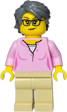 Woman - Bright Pink Shirt, Tan Legs, Dark Bluish Gray Swept Back Tousled Hair minifigure