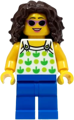 Beach Tourist - Female, White Top with Green Apples and Lime Dots, Blue Legs, Dark Brown Hair minifigure