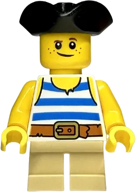 Child - Boy, White Tank Top with Blue Stripes, Tan Short Legs, Black Tricorne Hat, Freckles minifigure