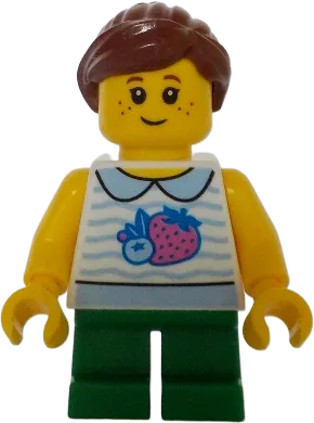 Child - Girl, White Collared Shirt with Fruit, Green Short Legs, Reddish Brown Ponytail, Freckles minifigure