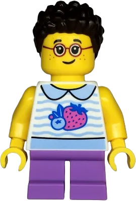 Child - Girl, White Collared Shirt with Fruit, Medium Lavender Short Legs, Dark Brown Short Coiled Hair, Glasses, Freckles minifigure