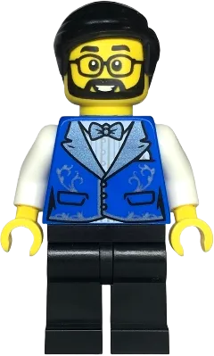 Hotel Receptionist - Male, Blue Vest with Metallic Light Blue Lapels, Black Legs, Black Hair, Beard and Glasses minifigure