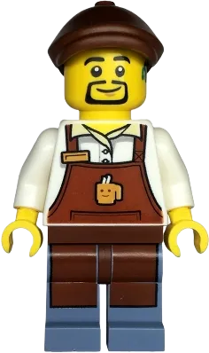 Barista - Male, Reddish Brown Apron with Cup and Name Tag, Sand Blue Legs, Reddish Brown Flat Cap, Hearing Aid minifigure