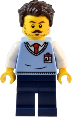 Natural History Museum Employee - Male, Bright Light Blue Sweater Vest with ID Badge, Dark Blue Legs, Dark Brown Tousled Hair minifigure