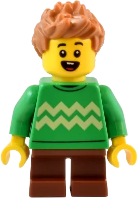 Child - Boy, Bright Green Sweater with Bright Light Yellow Zigzag Lines, Reddish Brown Short Legs, Medium Nougat Spiked Hair minifigure