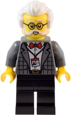 Natural History Museum Curator - Male, Dark Bluish Gray Plaid Jacket with Red Bow Tie, Black Legs, White Hair, Glasses minifigure