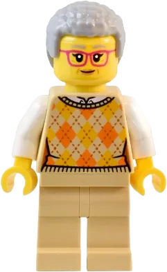 Natural History Museum Visitor - Female, Tan Knit Argyle Sweater Vest, Tan Legs, Light Bluish Gray Coiled Hair, Glasses minifigure