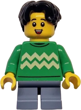 Child - Boy, Bright Green Sweater with Bright Light Yellow Zigzag Lines, Sand Blue Short Legs, Black Hair Wavy, Freckles minifigure