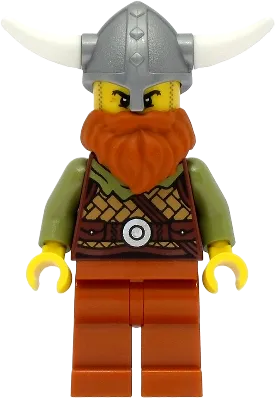 Viking Warrior - Male, Medium Nougat Leather Armor, Dark Orange Beard and Legs, Flat Silver Helmet minifigure
