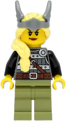Viking Warrior - Female, Dark Bluish Gray and Silver Armor, Olive Green Legs, Bright Light Yellow Hair with Winged Tiara minifigure