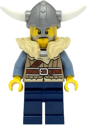 Viking Warrior - Male, Dark Tan Jacket with Tan Fur, Dark Blue Legs, Flat Silver Helmet minifigure