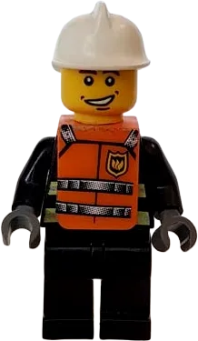 Reflective Stripes - Black Legs, White Fire Helmet, Smile, Orange Vest with Straps and Fire Logo and 'FIRE' Pattern (Stickers) minifigure