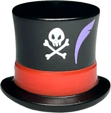Minifigure, Headgear Hat, Top Hat Large with Molded Red Band and Printed White Skull, Crossbones, and Medium Lavender Feather Pattern
