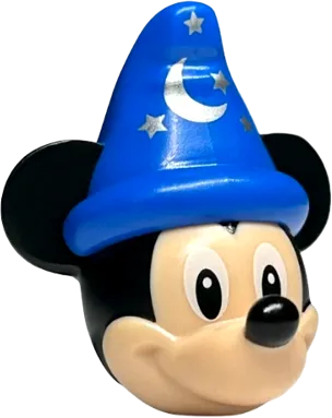 Minifigure, Head, Modified Mouse with Molded Black Ears and Blue Wizard Hat and Printed Nose, White Eyes and Silver Moon and Stars Pattern &#40;Mickey&#41;