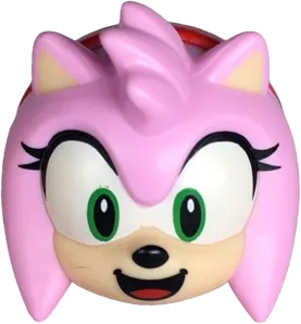 Minifigure, Head, Modified Hedgehog with Molded Light Nougat Face and Ears and Printed Bright Green Eyes on White Background, Black Eyelashes, Nose and Open Smile, Red Tongue and Hair Band Pattern