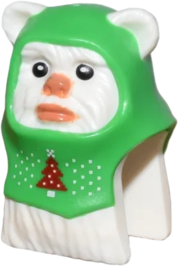 Minifigure, Head, Modified SW Ewok with Molded Bright Green Hood and Printed Black Eyes, Nougat Nose and Lips, and Red Christmas Tree Pattern