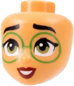 Mini Doll, Head Friends with Black Eyebrows, Large Bright Green Glasses, Olive Green Eyes, Dark Red Lips, Open Mouth Smile with Teeth Pattern