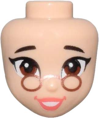 Mini Doll, Head Friends with Dark Brown Eyebrows, Reddish Brown Eyes, Copper Glasses, Coral Lips, Open Mouth Smile with Teeth Pattern