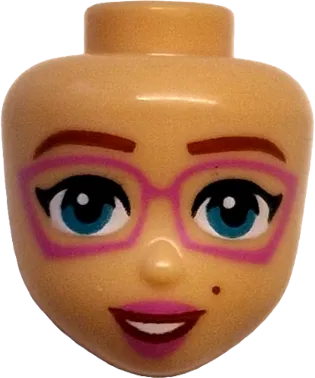 Mini Doll, Head Friends with Reddish Brown Eyebrows and Beauty Mark, Dark Turquoise Eyes, Dark Pink Glasses and Lips, Open Mouth Smile with Teeth Pattern
