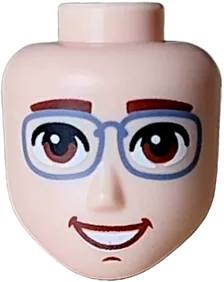 Mini Doll, Head Friends Male Large with Reddish Brown Eyes, Eyebrows and Chin Dimple, Open Mouth Smile with White Teeth and Sand Blue Glasses Pattern